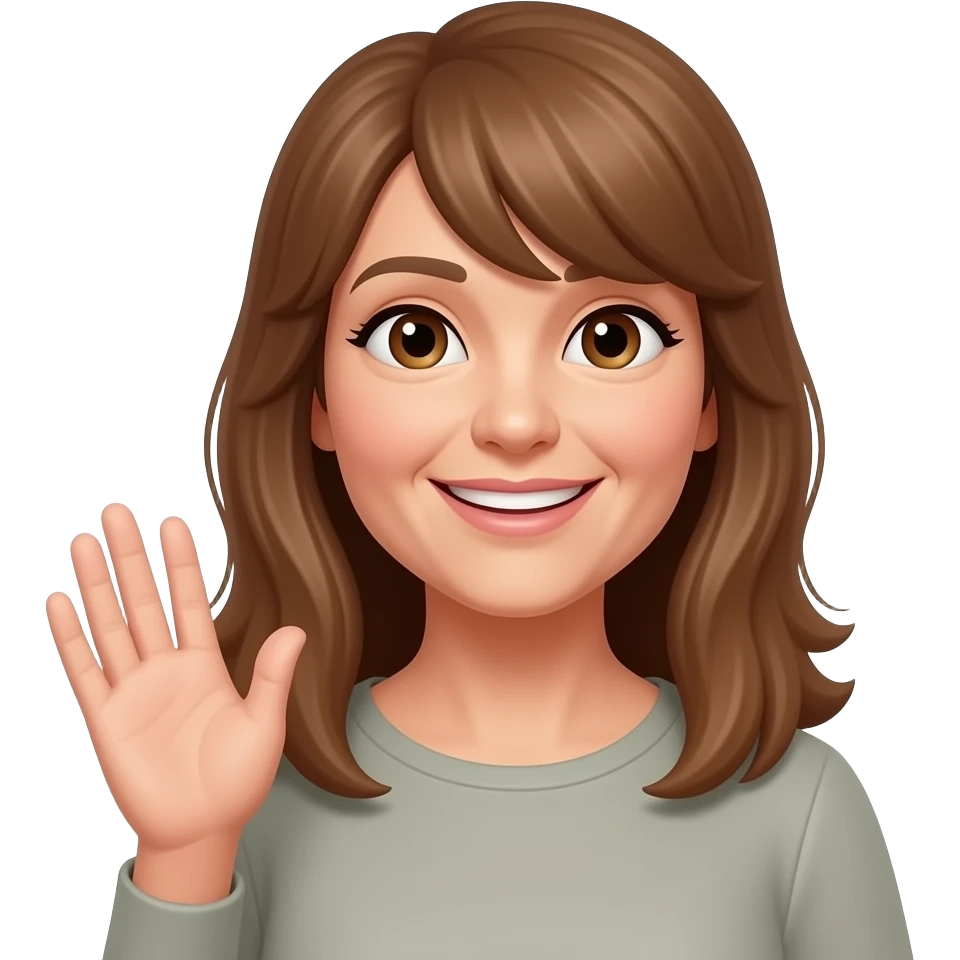 frau um die 50 mit langen braunen haaren und pony, braune augen  augen bissel kleiner, grüßend, gesicht schmaler grüßend emoji