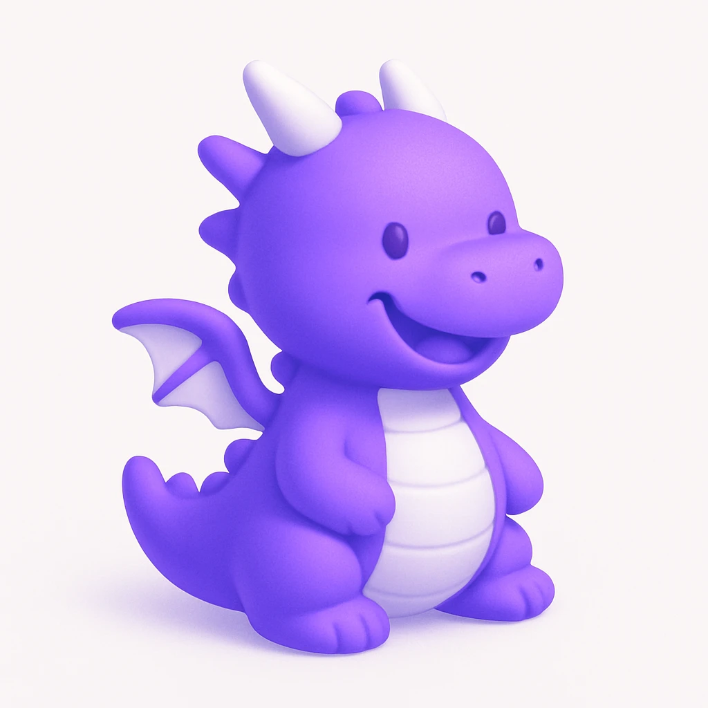 a smiling purple dragon with tiny wings, fun and appealing style emoji