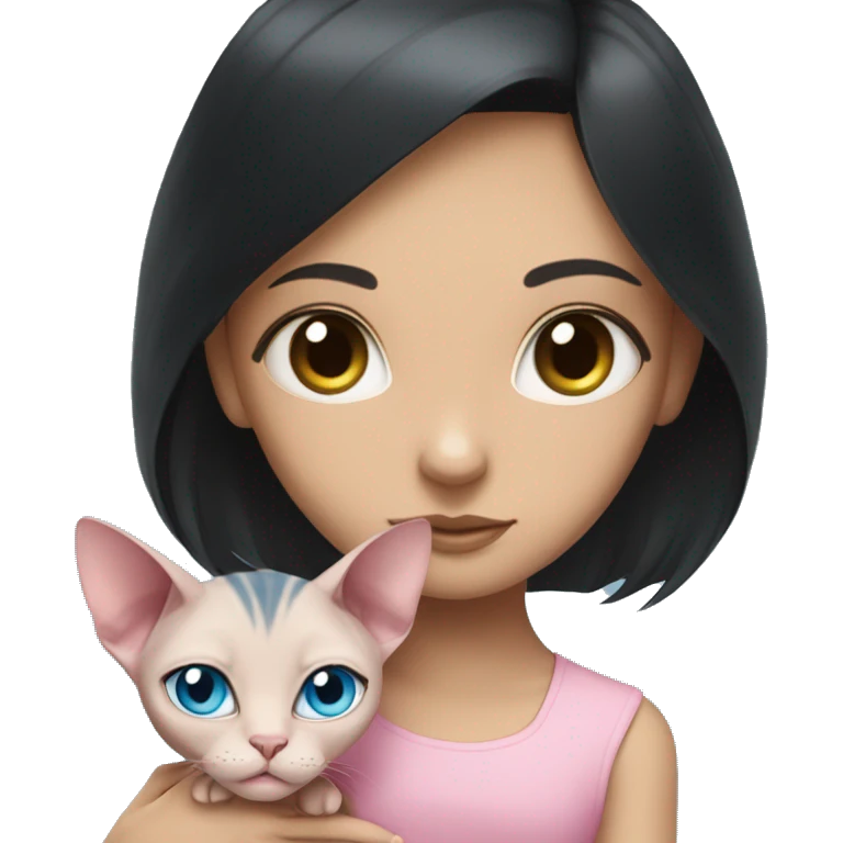 A girl with black hair hugs a pink sphinx cat with blue eyes emoji
