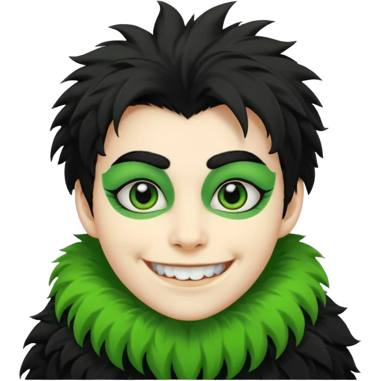 A bald person with bright white skin with a green sclera and green teeth, grinning widely. Has fluffy black neck fur, with a fluffy black body emoji