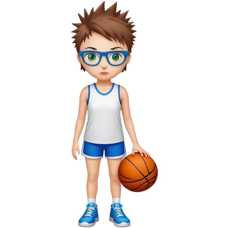 Full Body white Girl with basketball spikey short brown hair  wearing blue glasses with green eyes emoji