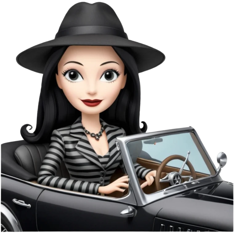 Morticia Addams Barbie, 1910 Morticia Addams from academy, in dark-gray and black striped outfit with hat. Smiling Driving Mercedes convertible sports car. Pale-white porcelain skin.  emoji