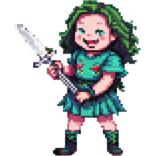 pixelated savage person in 1988 fashion with neon colors, holding knife, wicked laugh emoji