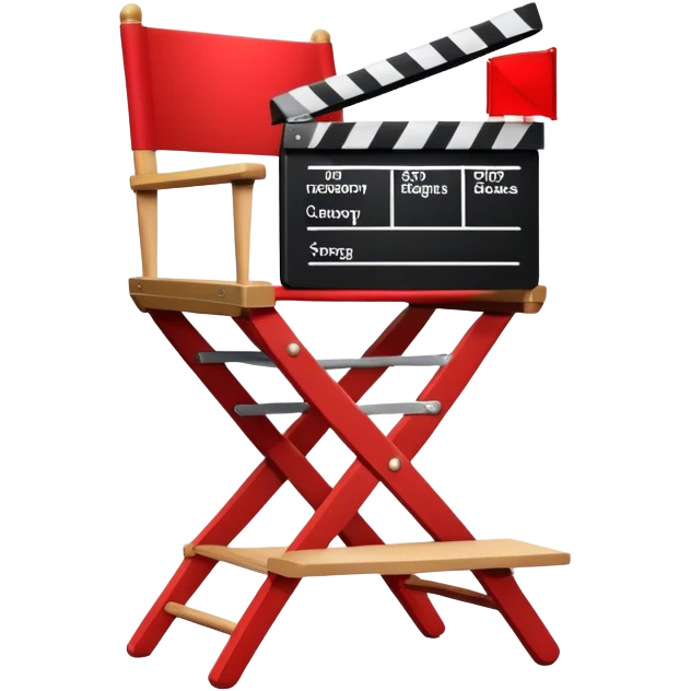 Icon for Directing: a director's chair, a film clapperboard, and a stage with a spotlight. The icon should represent the creative and organizational aspects of directing, with focus on storytelling, staging, and performance. Transparent background. emoji