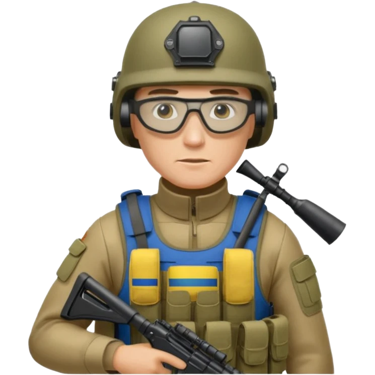 Ukrainian intelligance agency warrior man in platecarrier with nato riffle in helmet and ballistic glasses emoji