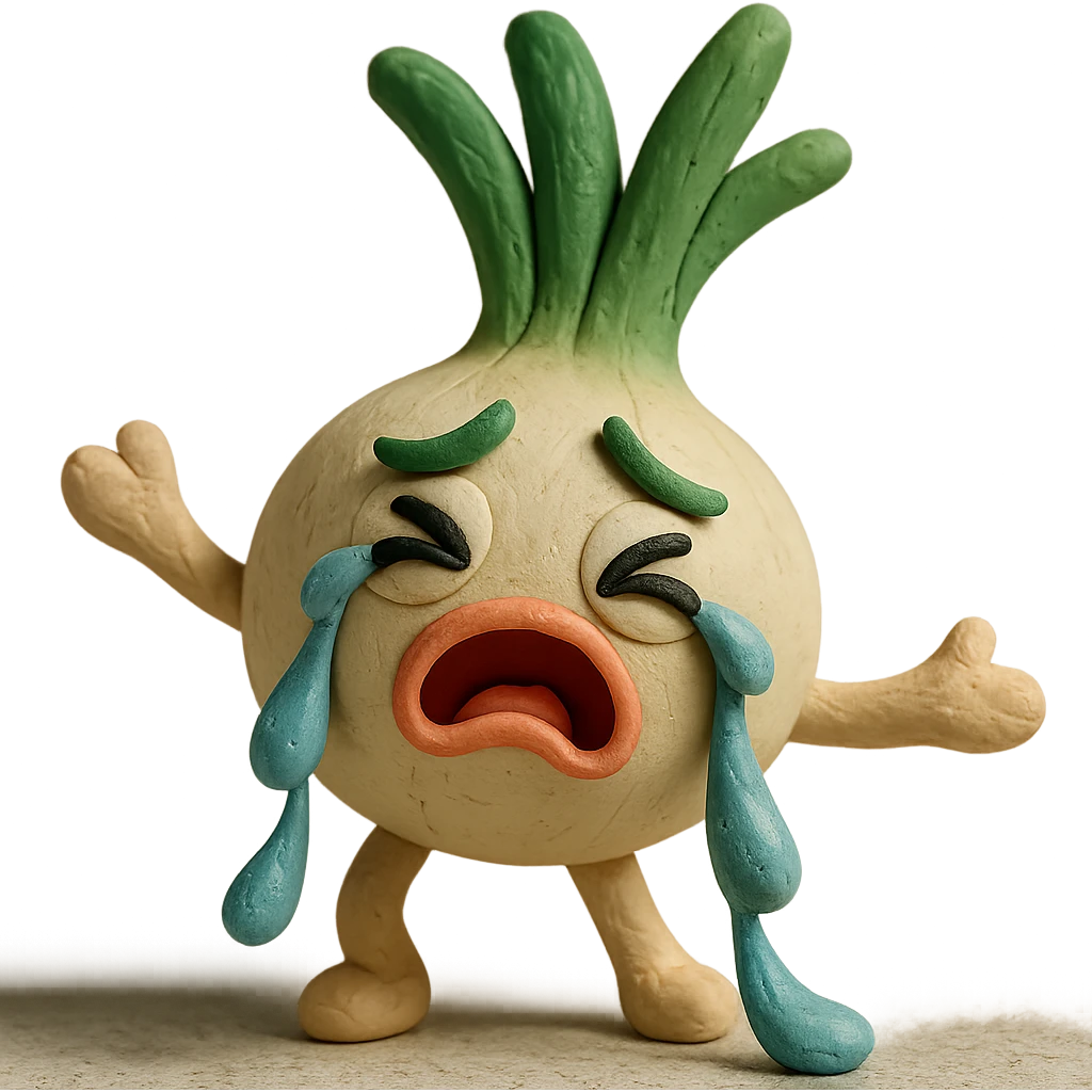 pastel kawaii claymation green onion character, round white body, large expressive eyes, green leafy hair, humorous crying face with dramatic onion juice tears, silly expressive pose, visible clay fingerprints, high quality lighting, transparent background emoji