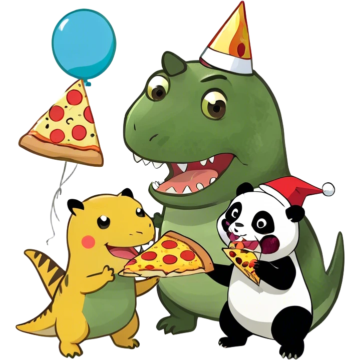 T-Rex eating a pizza With Pikachu Add a panda ￼￼￼￼ emoji