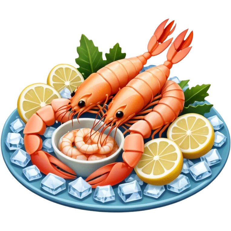 Create a realistic seafood platter with cooked prawns, ice, & garnish. emoji