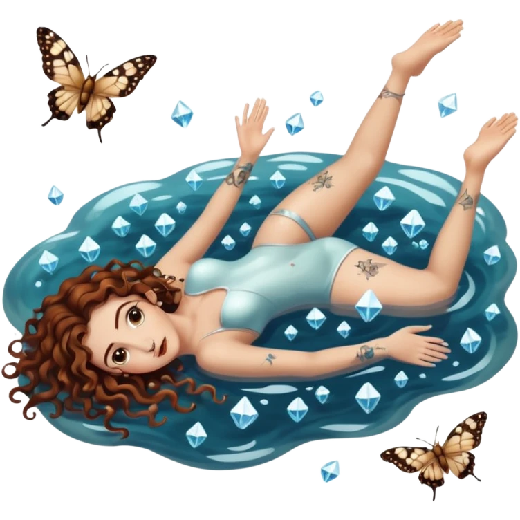 full body woman long curly brown hair brown eyes white skin tattoos lying in shallow water, floating crystals and moths above emoji