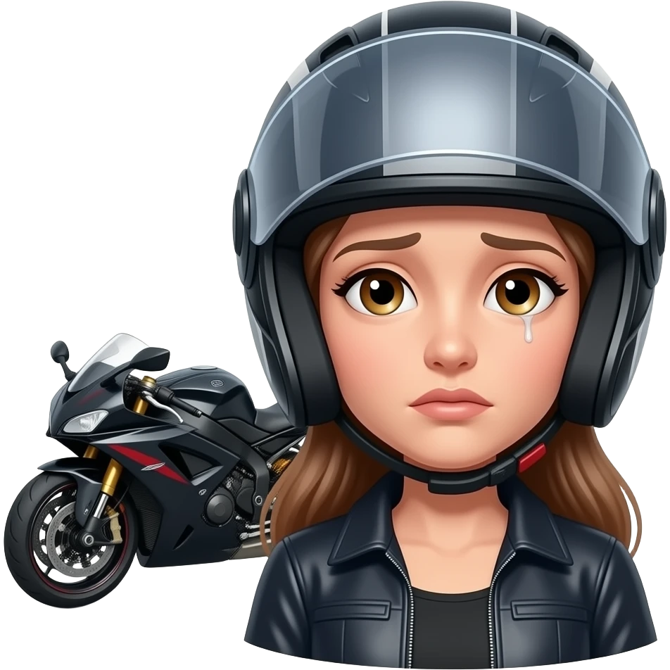 mulher com um capacete de mota que so aparece o olhos cansados porem aberto e que se veja os cílios  e a mota ao lado emoji