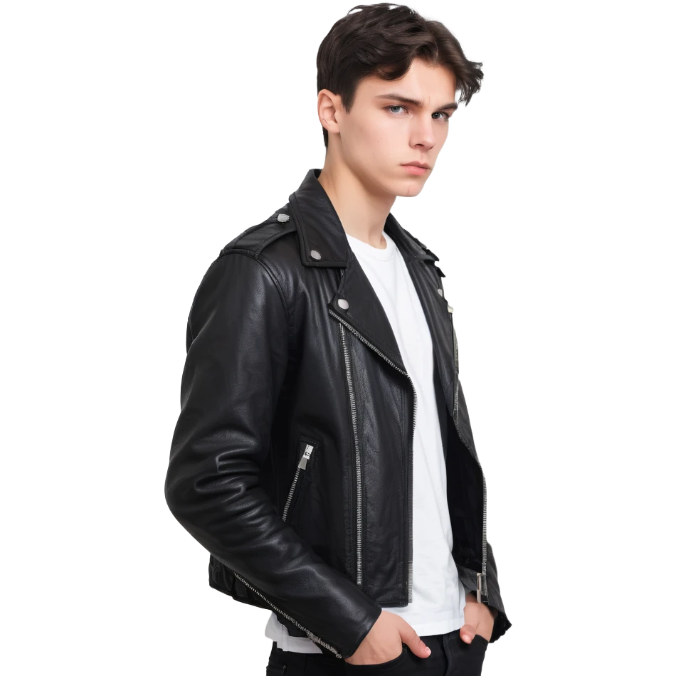 Danila Bagrov from Brother 2 movie, young Russian man with short dark hair, serious expression, wearing black leather jacket emoji