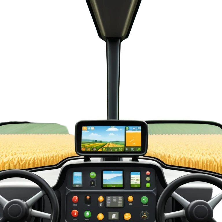 a view from the tractor cabin, with the dashboard in focus, overlooking a vibrant rural landscape. Inspired by Farming Simulator 22, the scene includes fields, crops, and distant barns under a bright sky. The design highlights the immersive experience of farm management. transparent background emoji
