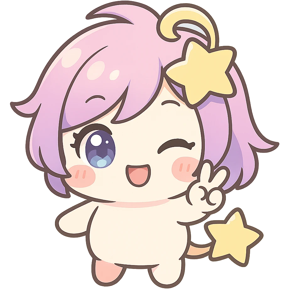 Stella Puff (星星噗噗) in kawaii chibi style, front view, winking and making a peace sign, big sparkling blue-violet eyes, pastel pink-purple gradient hair with a yellow star swirl, creamy white round body, coral pink blush, short arms and legs, golden star tail, clean lines, transparent background emoji