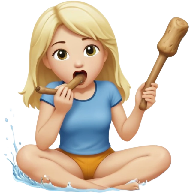 blond woman sitting on her knees, eating a wide stick with a half-round D-shaped knob, both the stick and knob are the same color as her skin, the knob has visible skin texture, water stream squirting from the flat side of the knob into her open mouth, surprised expression emoji