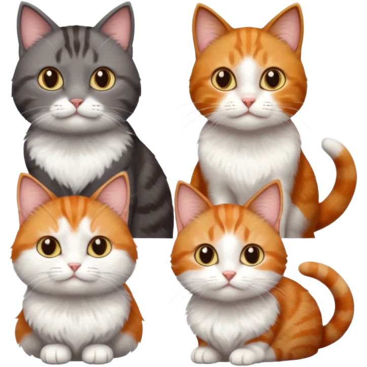 3 different coloured tiny short haired cats, including a dark grey and white cat, and a dark brown tabby and white and a ginger and white emoji