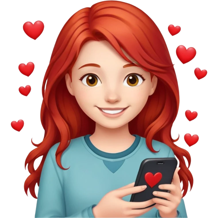 smiling student girl with red hair phone and like hearts emoji