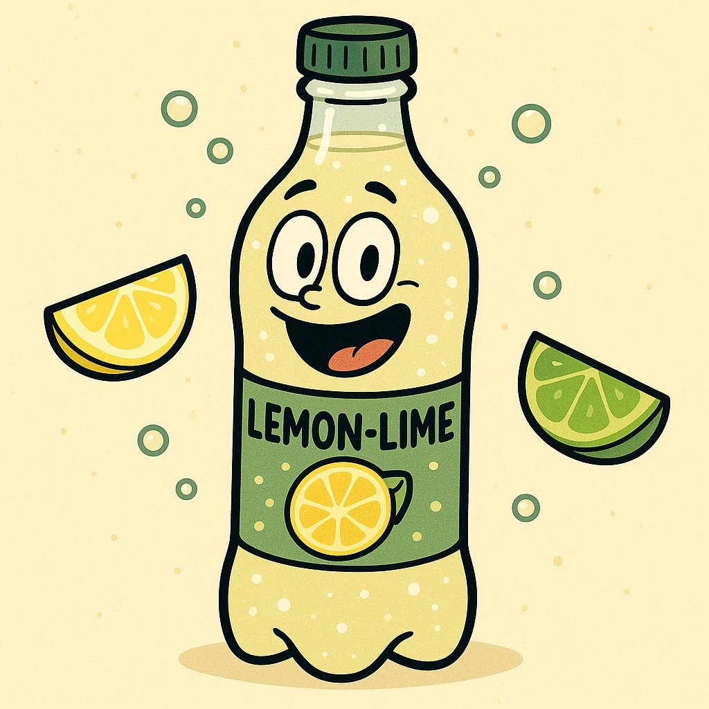cartoon style illustration of a bottle of lemon-lime soda, with lemon and lime wedges, cool and sparkling emoji
