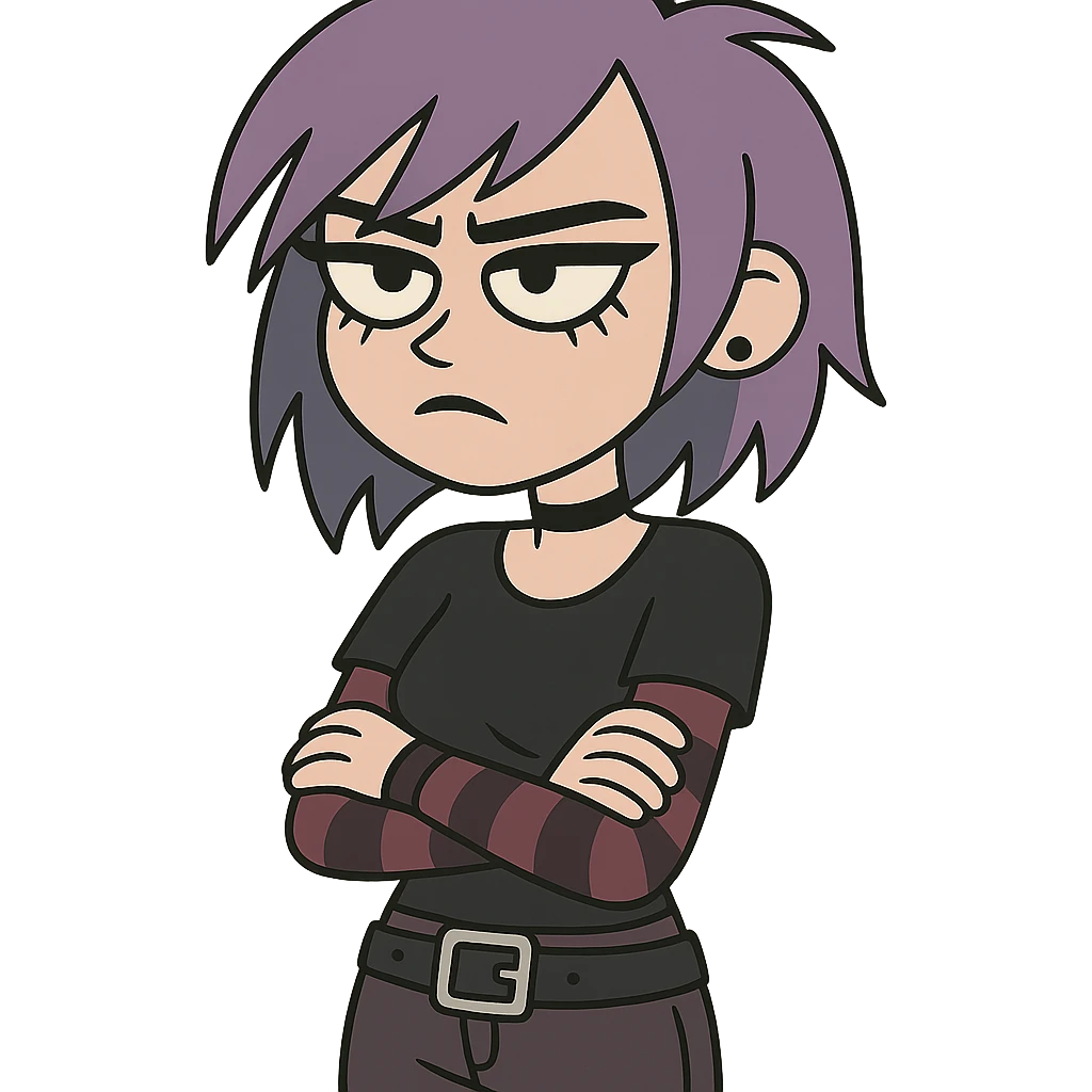 purple haired emo, stylized, bold eyeliner, alternative fashion emoji