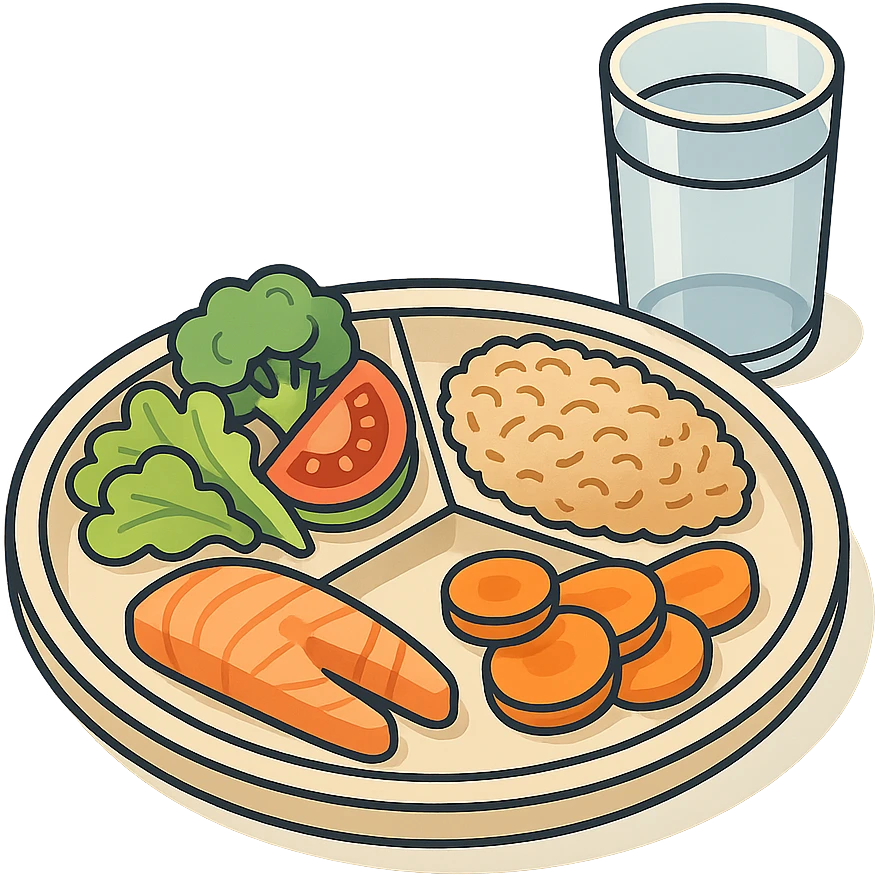 Harvard plate in isometric view, plate with food divided into sectors, glass of water next to it, very detailed drawing, shadows and highlights, clean contours, soft lighting, transparent background. emoji