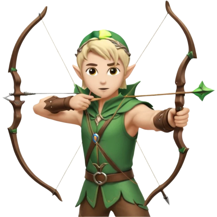 elf male archer aiming at target, summer leather gear, bow, pointy ears, determined look, sand dune backdrop, centered emoji emoji