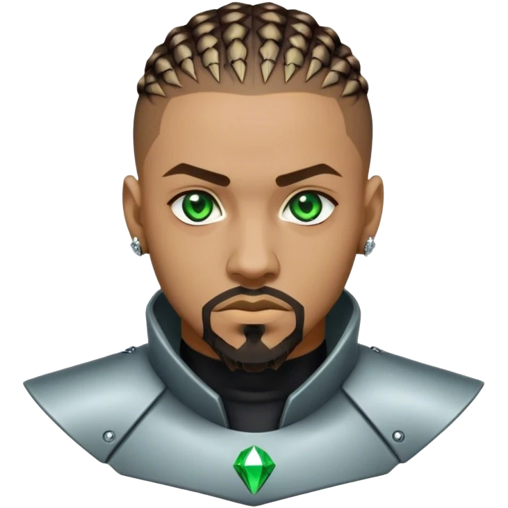 Light skinned African American male with green eyes as a cyberpunk hacker with cornrows hairstyle but short cornrows  with goatee facial hair with small diamond stud emoji