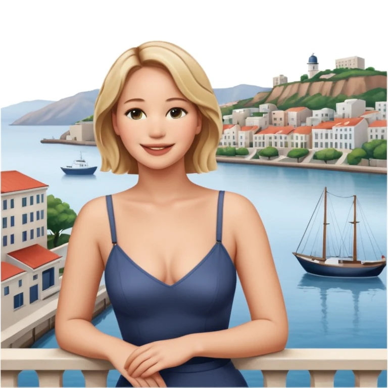 jennifer lawrence, closeup portrait , leaning on a balcony with a harbor and cityscape in the background, smiling emoji