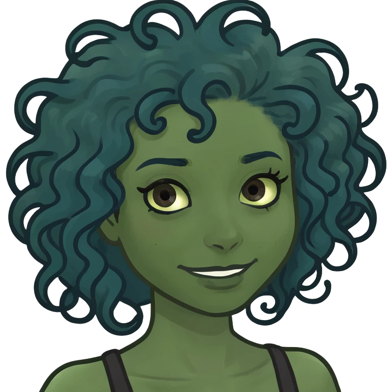 a black girl emoji with curly midnight blue hair and brown eyes emoji