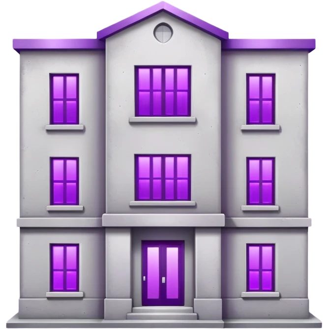 Small gray concrete apartment building with bright purple window glow, stark and simple emoji