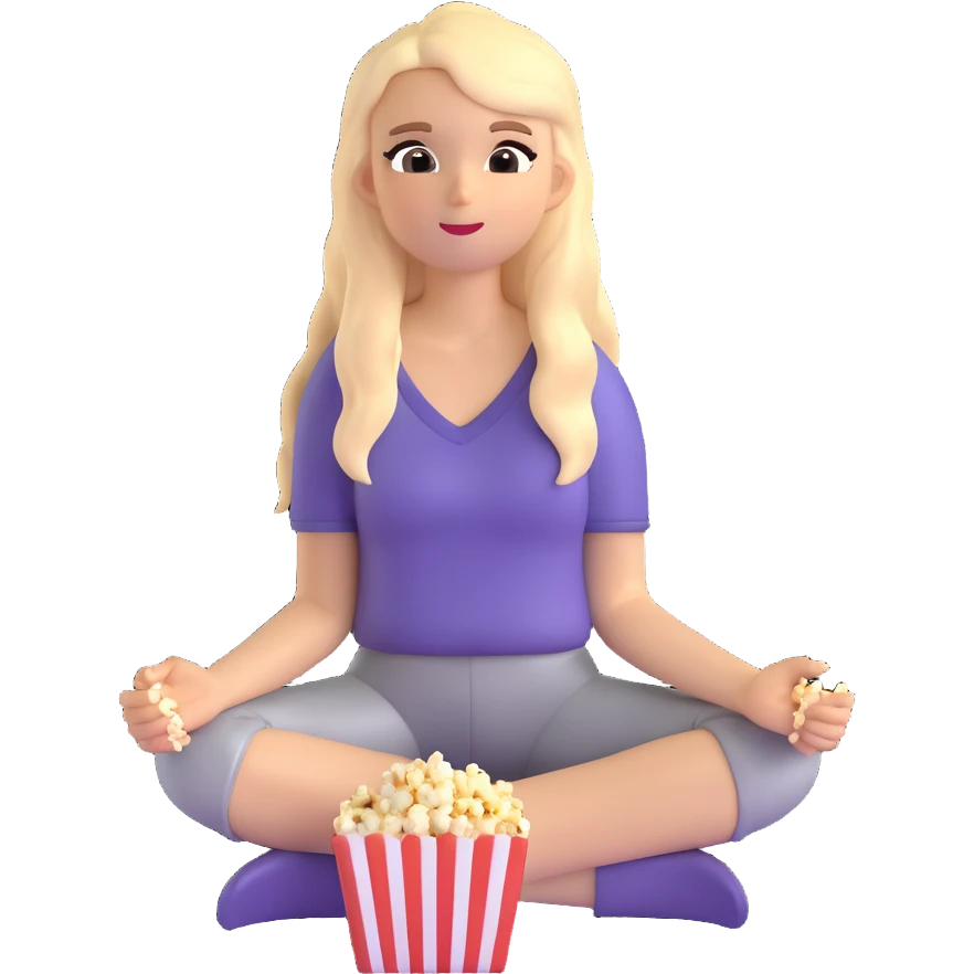 white girl with long hair sitting cross-legged on the floor, eating popcorn, emoji style emoji