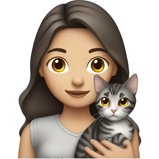 Dark brown haired girl holding gray tabby cat emoji