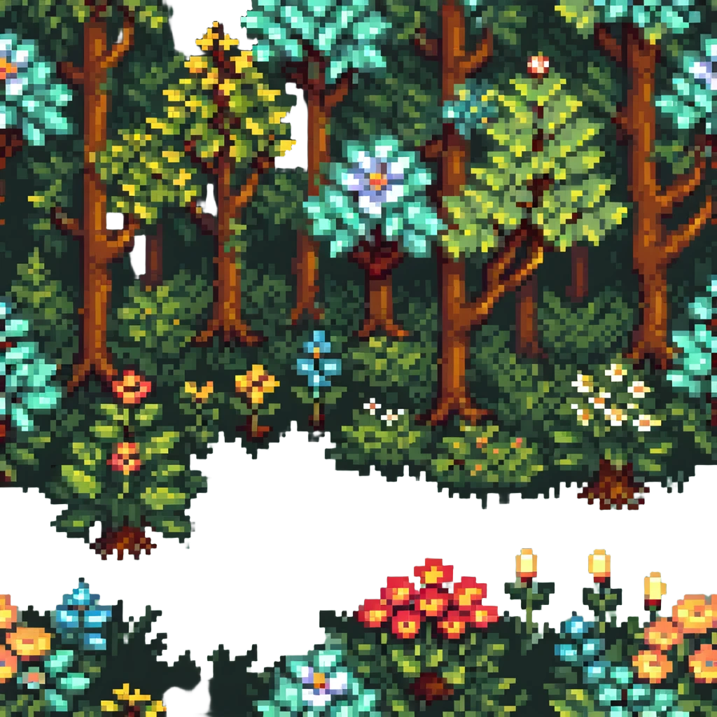 springtime forest with blooming flowers and green foliage in pixel art style emoji