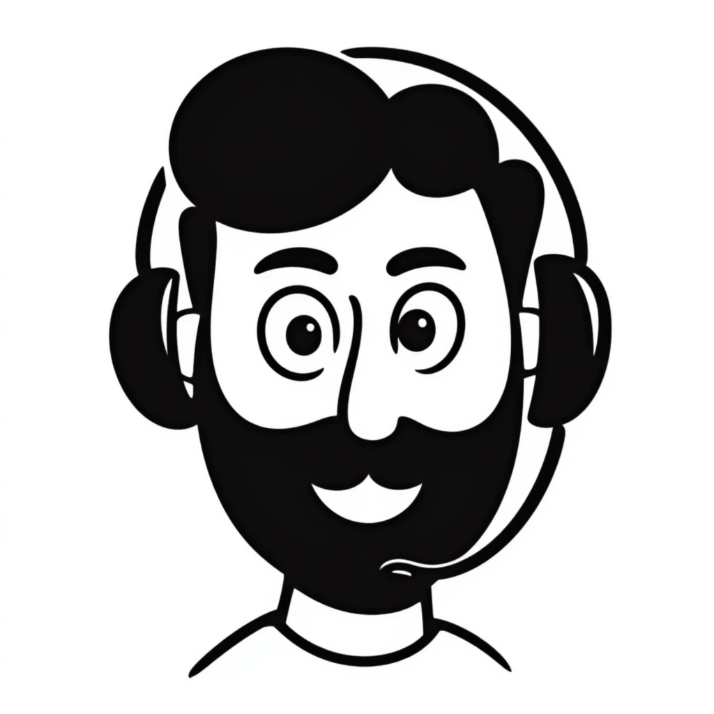 A person with black hair, brown eyes, a black beard, wearing a gaming headset emoji