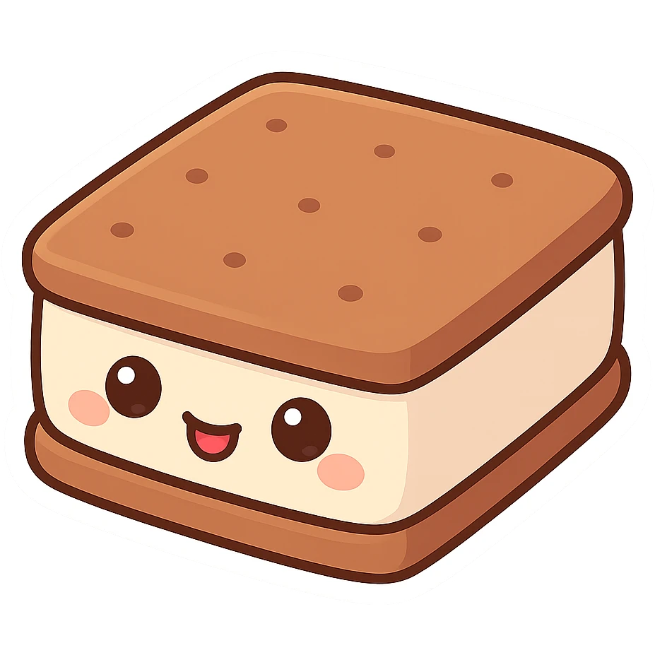 chibi sticker-style ice cream sandwich with a smiling face, cute and exaggerated emoji