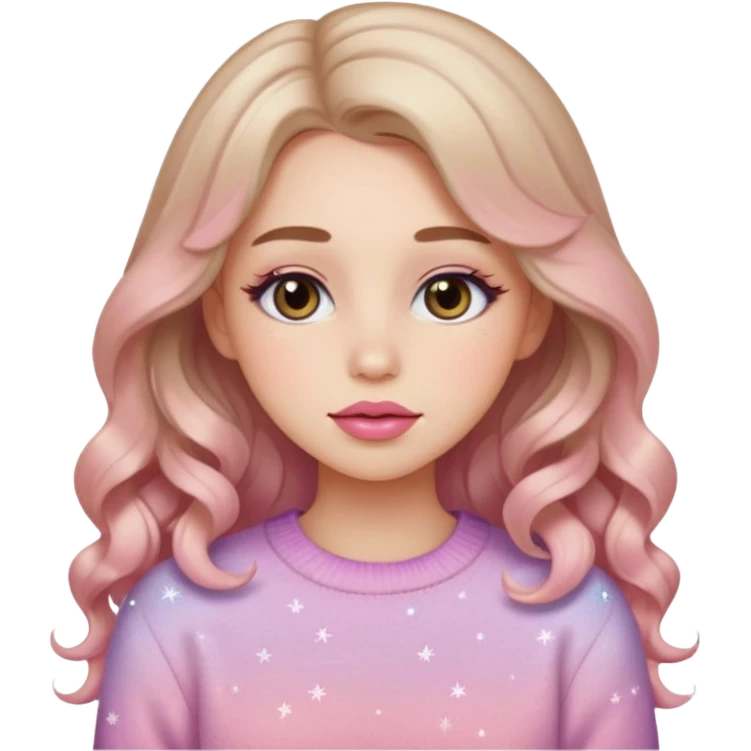 “Emoji girl, soft eyeliner, gradient rose lips, light brown shimmer eyeshadow, sparkly aegyo-sal, long wavy hair, cozy pastel sweater.” emoji