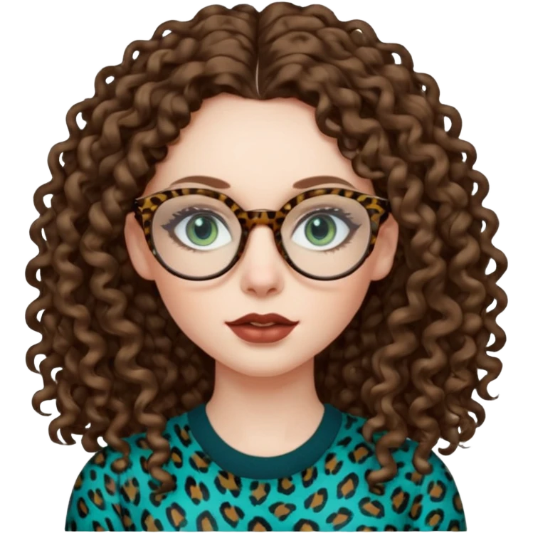 a blue green eyed woman with very long brunette curly hair, full lips,and pale skin. She is wearing a leopard printed thin round-ish glasses . She is wearing a brown top. emoji