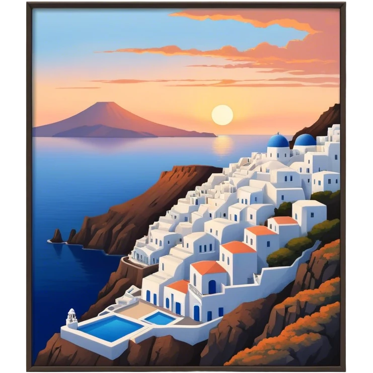 Cinematic Realistic Santorini Caldera Landmark Emoji, featuring white-washed buildings perched on volcanic cliffs, overlooking the deep blue Aegean Sea, with warm sunset hues illuminating the sky and reflecting off the water. emoji