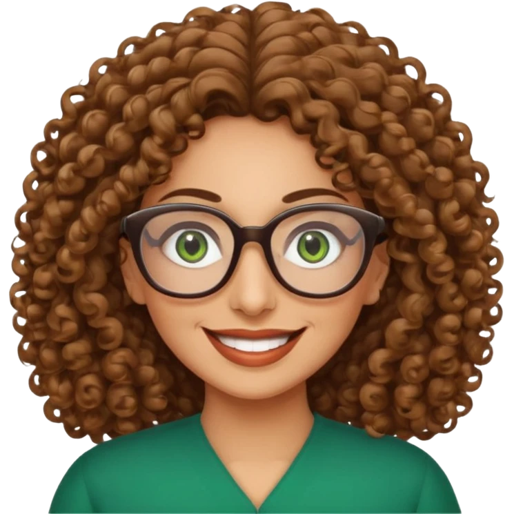 40 yr old Iranian woman, light brown very curly thick hair, shoulder length hair, green eyes, tan skin, big smile, big glasses emoji