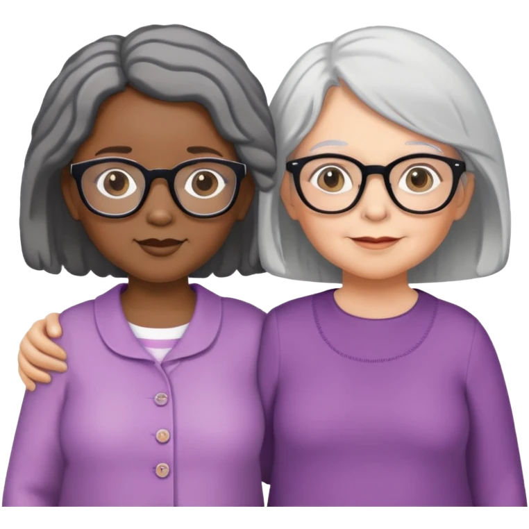 Create an emoji of two identical black toddler girls who are twins, standing next to an older white woman with glasses and gray hair. emoji