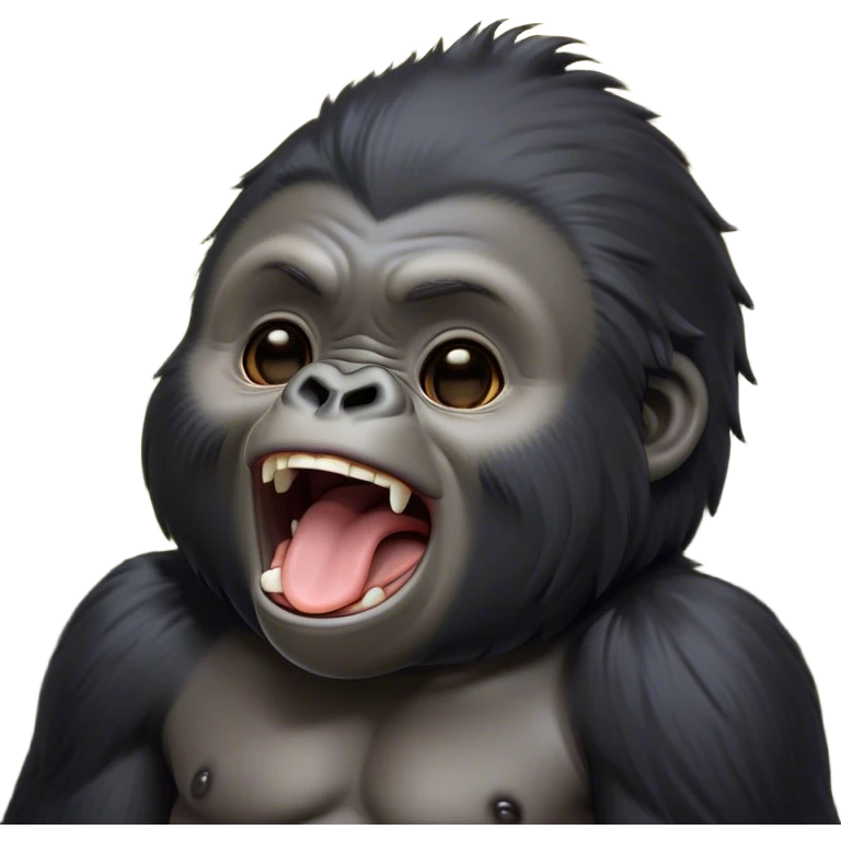Cinematic Cute Yawning mountain Gorilla Portrait Emoji, Head tilted slightly with a dramatic, wide-open yawn, showcasing a formidable build with a black and greyy mane and drowsy, half-closed eyes, Simplified yet irresistibly adorable features, highly detailed, glowing with a soft, cozy jungle glow, high shine, relaxed yet expressive, stylized with a dash of whimsical primate charm, soft glowing outline, capturing the essence of a drowsy yet affectionate guardian that appears ready to stretch out for a nap! emoji