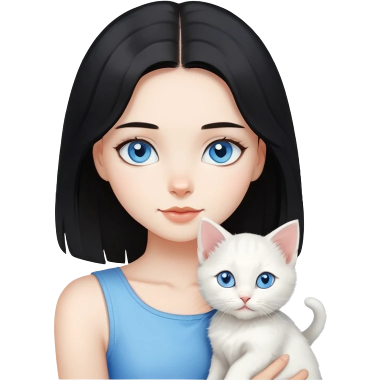 Chica con pelo negro hasta los hombros con gatito blanco con ojos celestes  emoji