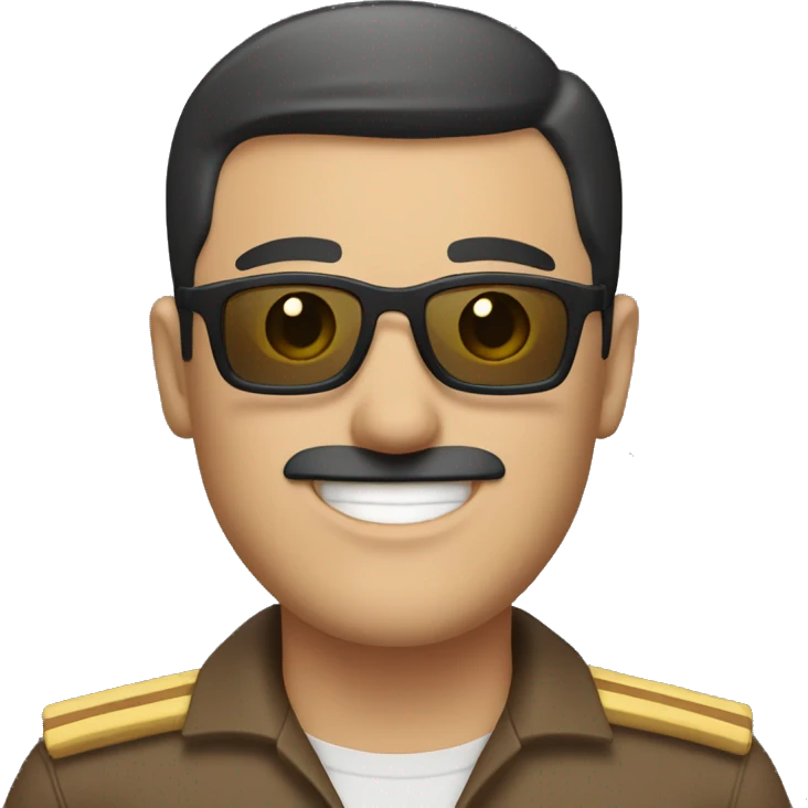 smiling white man with a black short haircut and short mustache wearing a brown uniform and sunglasses emoji