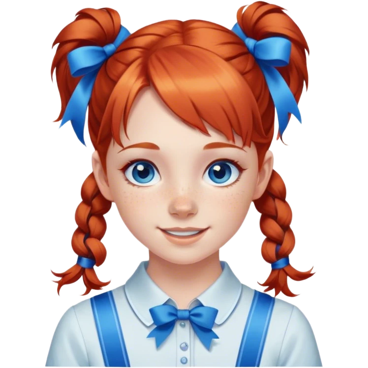A cheerful, young red-haired girl with bright blue eyes and freckles, styled in two playful pigtails tied with blue ribbons. emoji