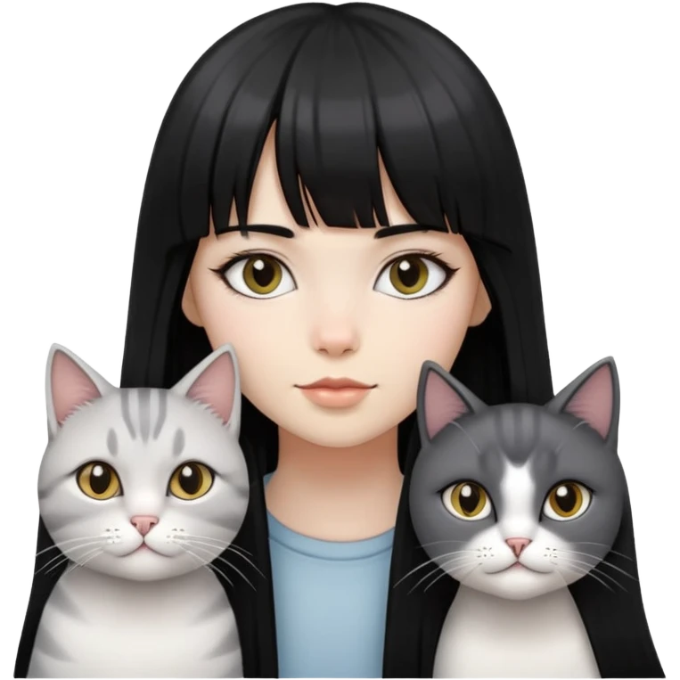 girl with long black  straight bangs hair and two light grey-shared cats emoji