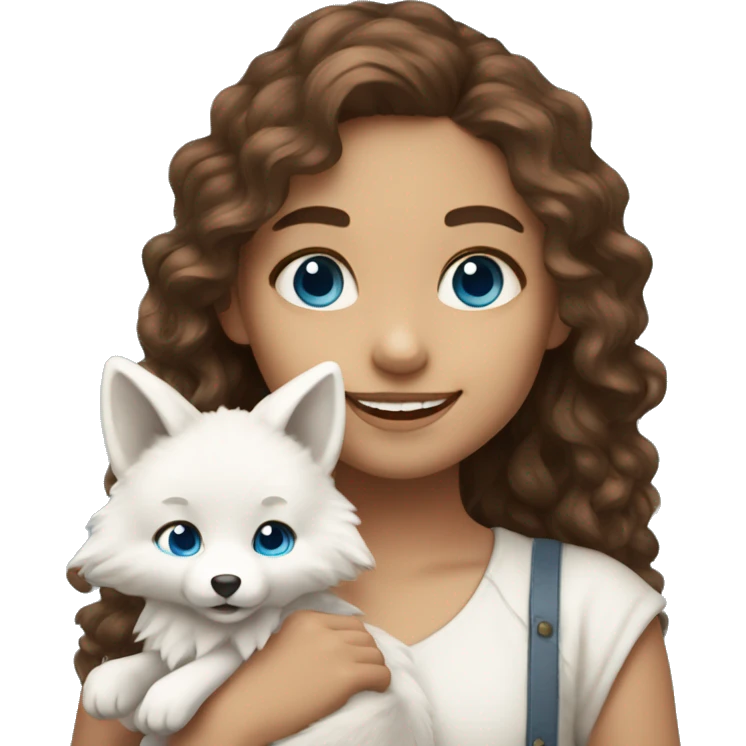 Girl long curly brown hair smiling and blue eyes and holding a white fox in her arms emoji