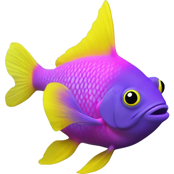 royal gramma tiny fish with purpleish pink front face and half front of body, neon yellow back half and black dot on top fin emoji