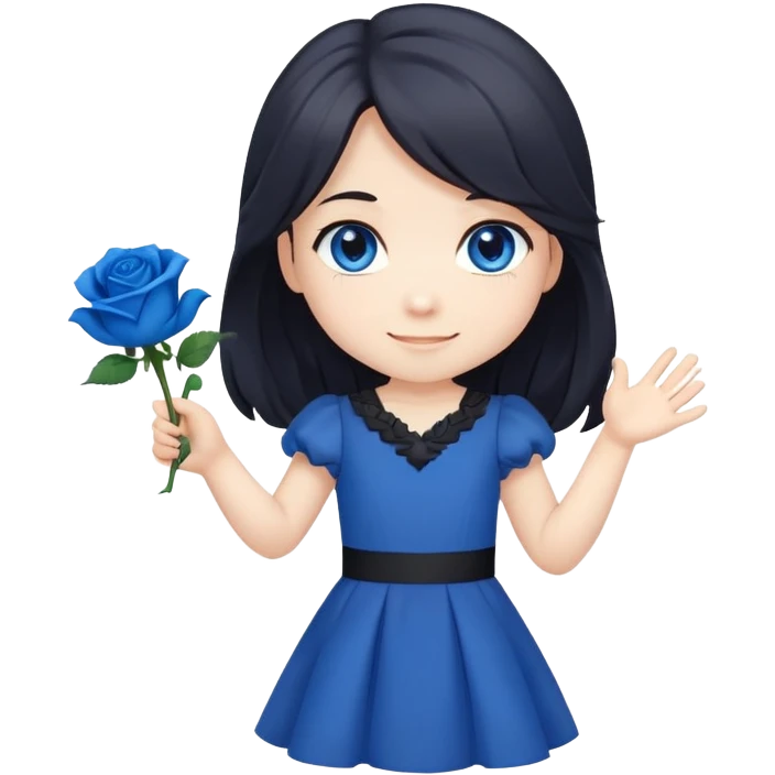 chibi girl with long dark hair, blue rose in hair, blue eyes, black dress, friendly smile, waving emoji