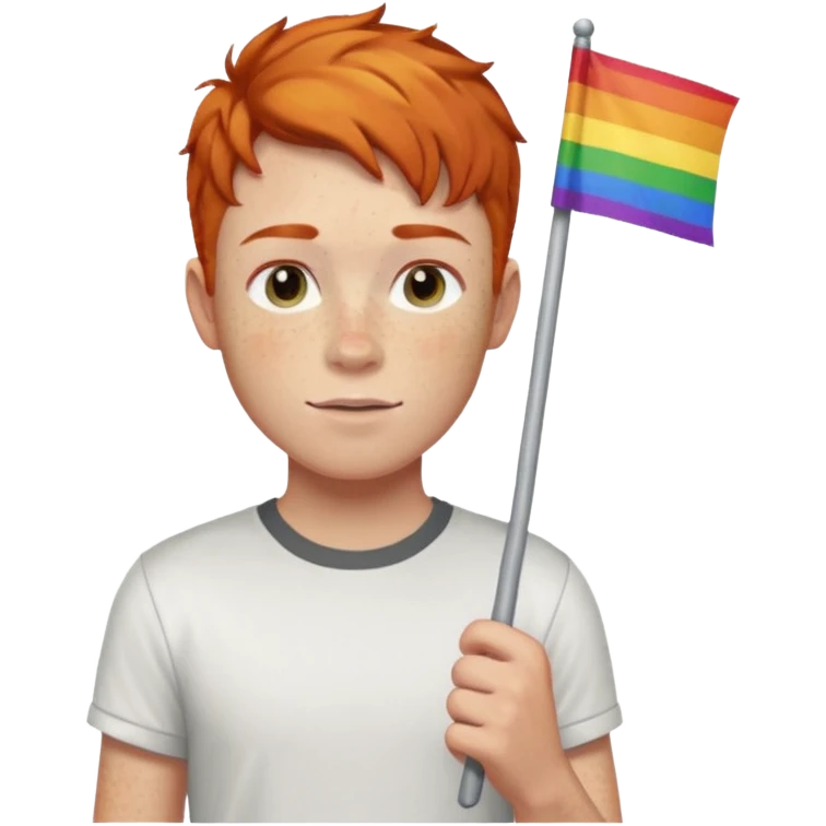 A gay, ginger, young, freckled, boy with a shirt with JUDE on it holding a pride flag emoji