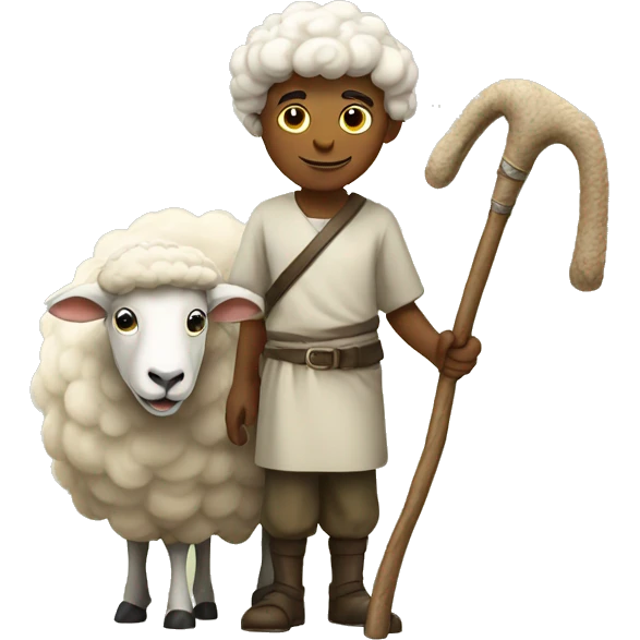 A shepherd with a staff and a sheep.  emoji