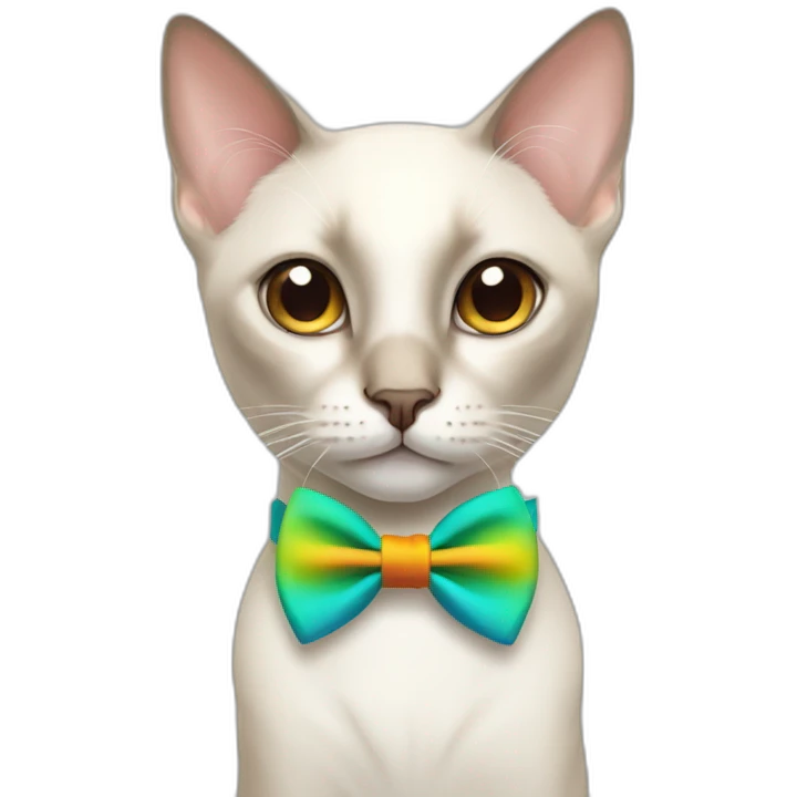 white siamese cat with light brown nose wearing a colorful bowtie emoji