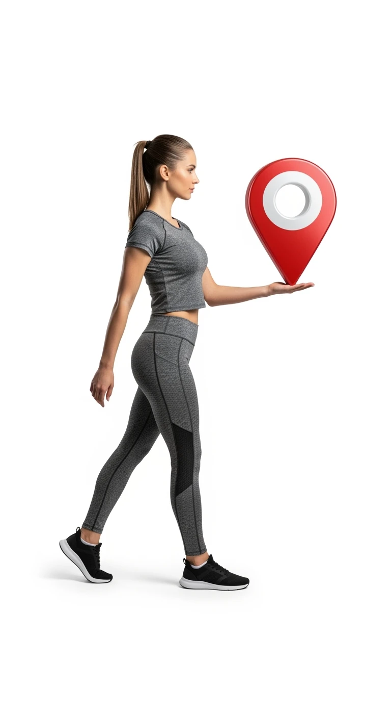 DONNA FITNESS CHE CAMMINA DI PROFILO CON SIMBOLO DI POSIZIONE IN 3D IN MANO, ISOLATA SU SFONDO BIANCO emoji